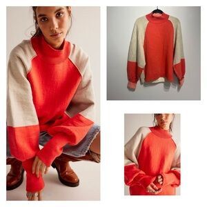 Free People Red and Cream Crew Neck Sweater